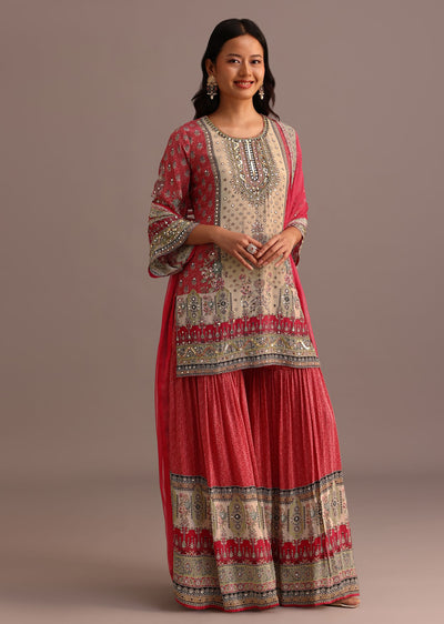 Pink Printed Kurti Sharara Suit With Chiffon Dupatta