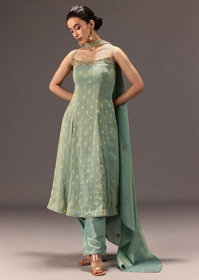 Mint Green Tissue Hand Embroidered Kurta Set