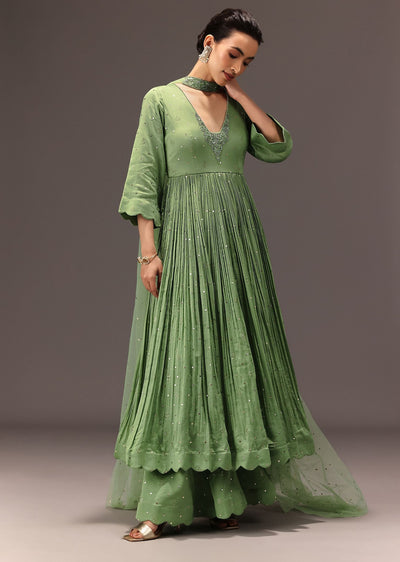 Green Chanderi Silk Hand Work Kurta Set