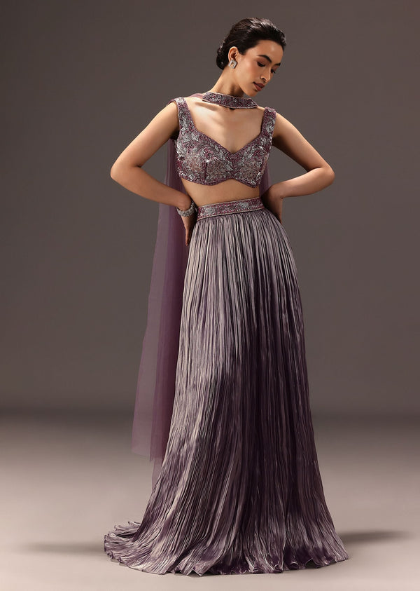 Purple Organza Hand Embellished Ruched Lehenga Set With Choker Dupatta