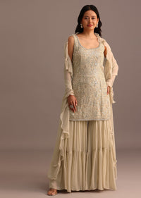 Beige Embroidered Sharara Set With Dupatta
