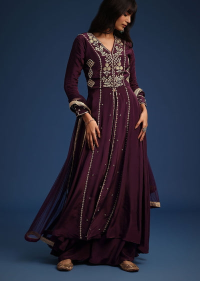Wine Satin Zardozi Embroidered Anarkali And Palazzo Set