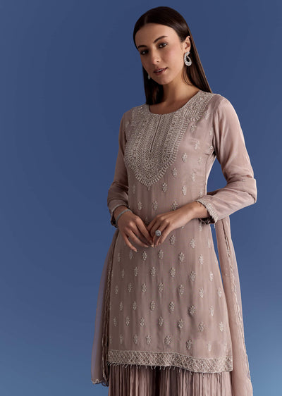 Light Beige Chinon Kurta Set With Cutdana And Sequins Dupatta