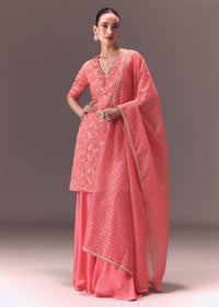 Peach Brocade Kurti With Sharara Pants And Dupatta