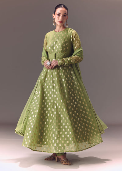 Sage Green Anarkali With Dupatta And Churidar