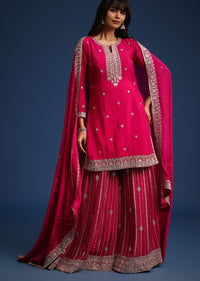 Dark Pink Sequin Embellished Kurta Palazzo Set In Chinon