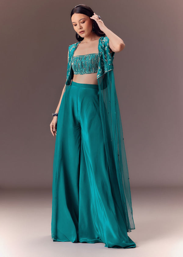 Blue Asymmetric Embroidered Jacket With Blouse And Palazzo Pants