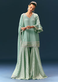 Light Blue Frill Sharara Suit With Tassel Dupatta