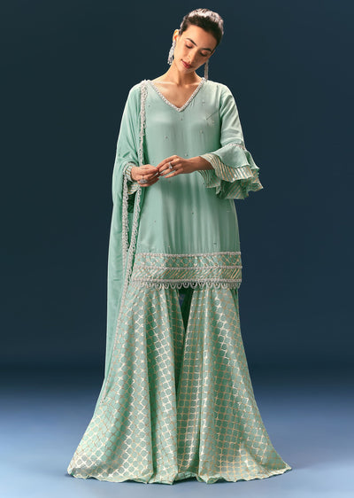 Light Blue Frill Sharara Suit With Tassel Dupatta
