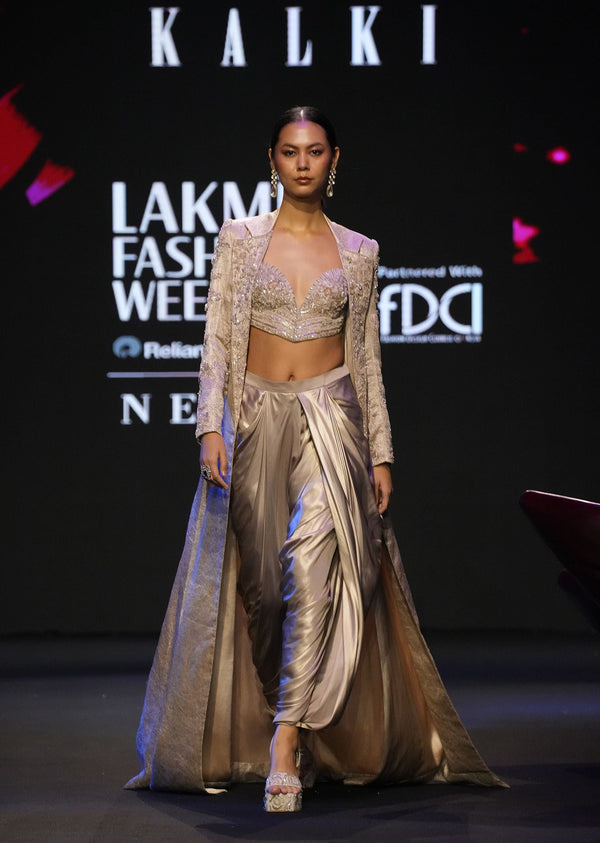 Beige Embroidered Brocade Corset With Long Blazer And Dhoti Pant