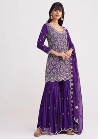 Purple Cutdana Embroidered Sharara Suit With Organza Dupatta