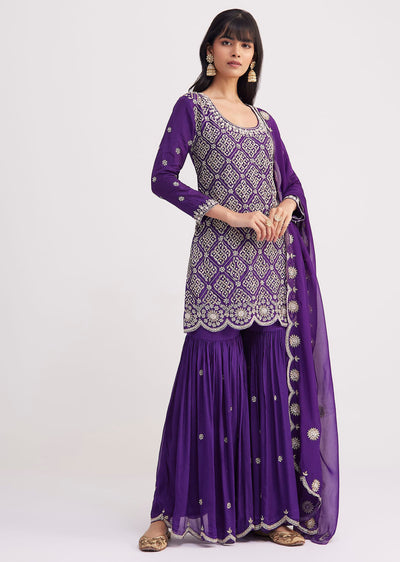 Purple Cutdana Embroidered Sharara Suit With Organza Dupatta