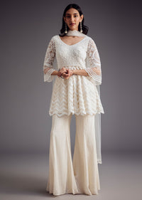 White Embroidered Peplum Kurta With Palazzo And Net Dupatta