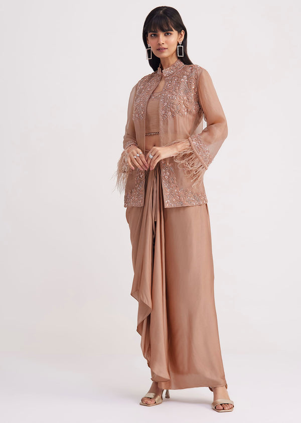 Hazelnut Beige Crop Top And Skirt With Embroidered Jacket