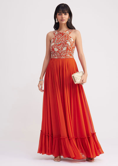 Orange Georgette Embroidered Jumpsuit With Belt