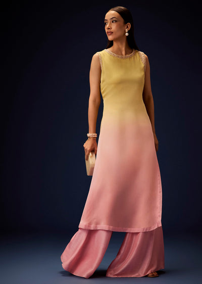 Yellow Ombre A Line Kurta With Bell Bottom Pants