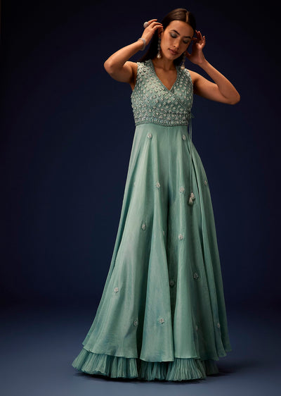 Azure Blue Hand Embroided Double Layer Organza Frill Jumpsuit