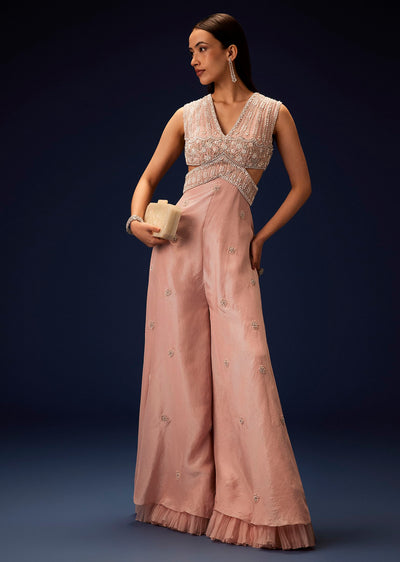 Flaming Peach Hand Embroidered Double Layer Jumpsuit