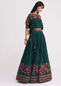 Bottle Green Chiffon Crop Top With Skirt With Colourful Resham Blooms