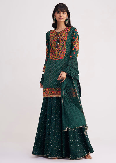 Bottle Green Silk Kurta Sharara With Chiffon Dupatta