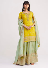 Yellow And Pista Green Tissue Palazzo Suit With Zardosi Work