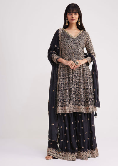 Midnight Blue Georgette Embroidered Palazzo Suit