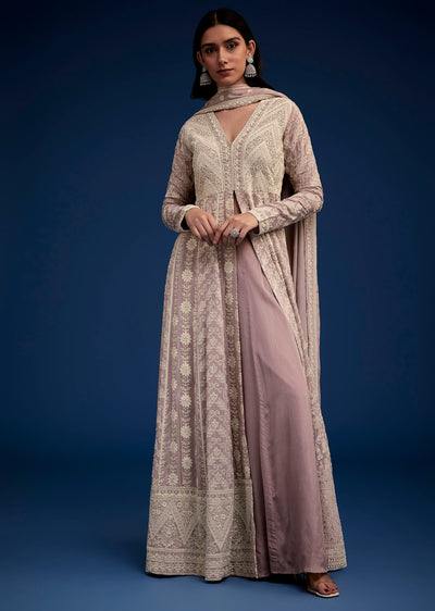 Lavender Embroidered Palazzo Set With Dupatta