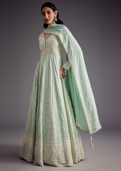 Mint Blue Lucknowi work Anarkali With Matching Dupatta