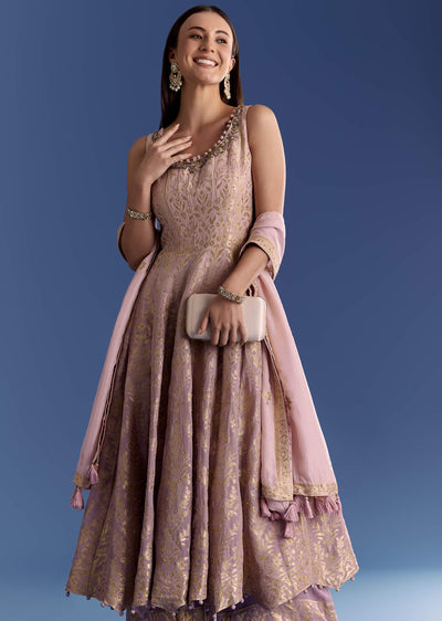 Pink Ombre Georgette Anarkali With Cutdana Neck And Zari Dupatta