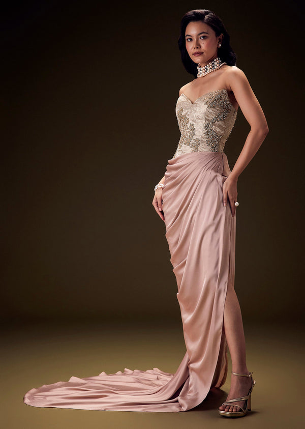 Blush Peach Embroidered Brocade Corset Gown With Drape And Side Slit| KALKI Fashion USA