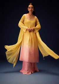 Yellow Orgnaza Kurta Palazzo Suit With Ruched Palazzo