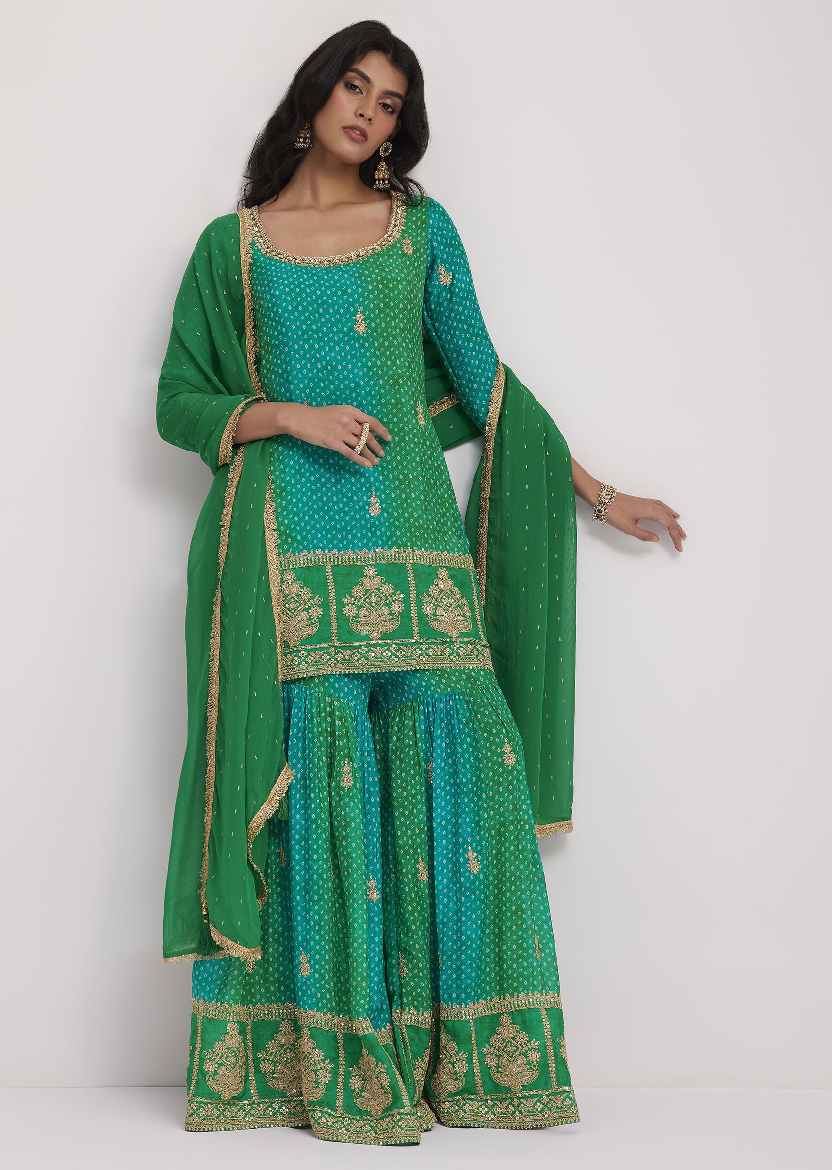 Green Chinon Bandhani Sharara Set
