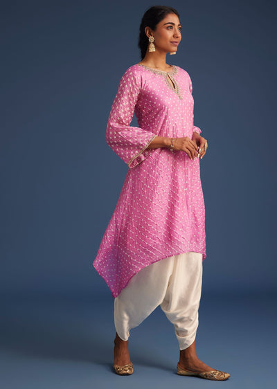 Pink Silk Bandhani Embroidered Asymmetrical Kurta Dhoti Set