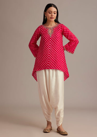 Red Bandhani High Low Kurta Set With Dhoti