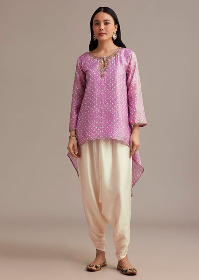 Lavender Bandhani High Low Kurta Set With Dhoti