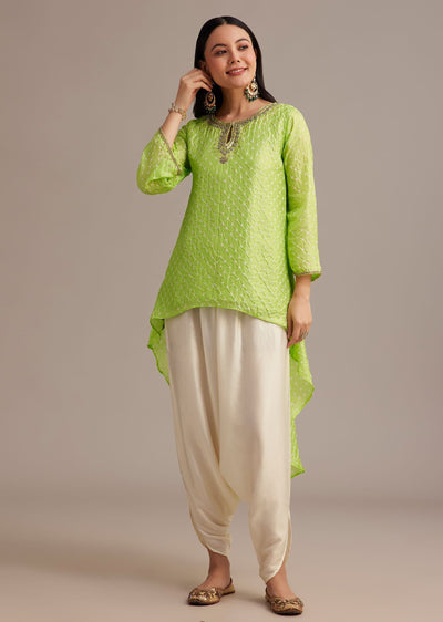 Light Green Bandhani High Low Kurta Set With Dhoti