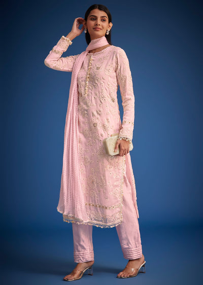 Baby Pink Organza Embroidered Straight Kurta Set