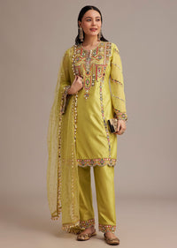 Lemon Yellow Silk Kurta Set With Mirror And Thread Work