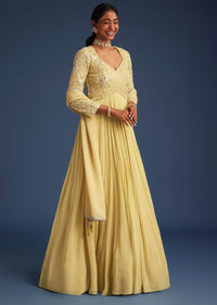 Light Yellow Georgette Anarkali With Mirror And Sequin Work