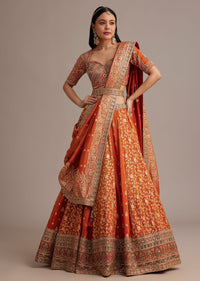 Rust Orange Tissue Lehenga Set With Resham Zari And Sequins Work