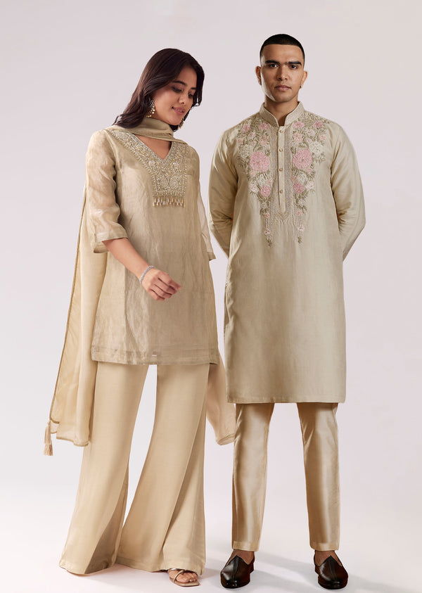 Beige Elegance Pair – Shimmer Suit For Her And Kurta Set For Him