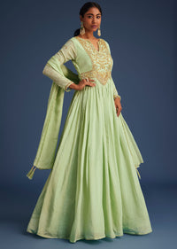 Mint Green Tissue Embroidered Anarkali With Dupatta