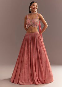 Peach French Tissue Lehenga Choli With Choker Dupatta