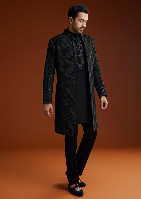 Black Velvet Open Indo Jacket Set With Cutdana Work
