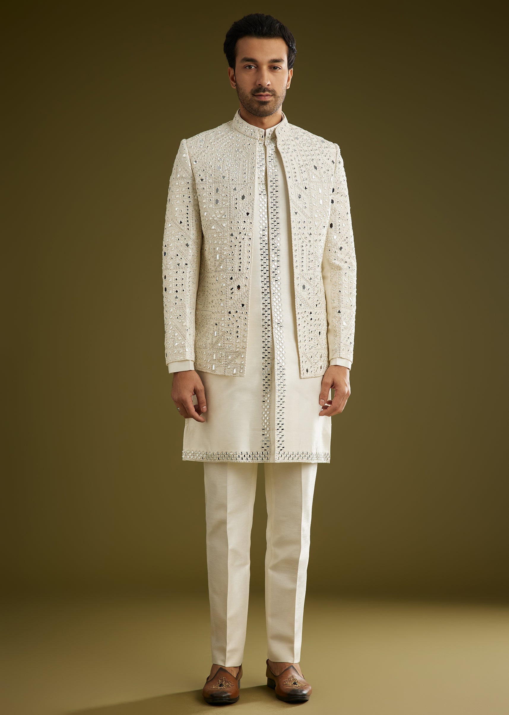 Off White Indo Western Set With Mirror And Thread Work On Silk