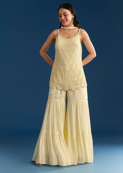 Cream Georgette Kurta Sharara Set With Dupatta