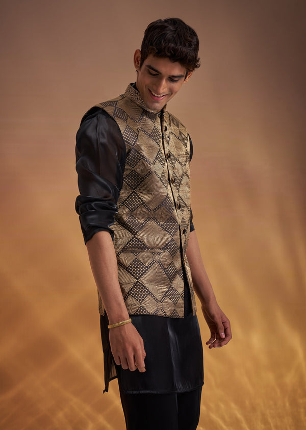 Black Organza Kurta Jacket Set With Self Embroidery
