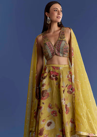 Yellow Tissue Lehenga Set With Zardosi Choli And Sequins Dupatta