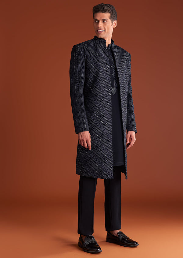 Blue Velvet Indowestern Suit With Cutdana And Thread Work
