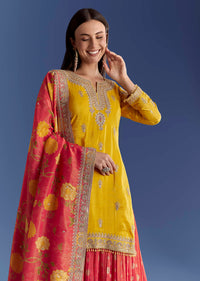 Yellow Tissue Kurta Set With Zari Palazzo And Floral Dupatta